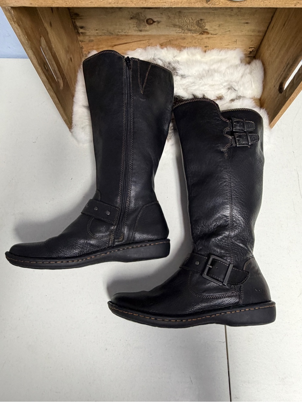 Born Women's Tall Black Leather Buckle Boots ( wide calf)